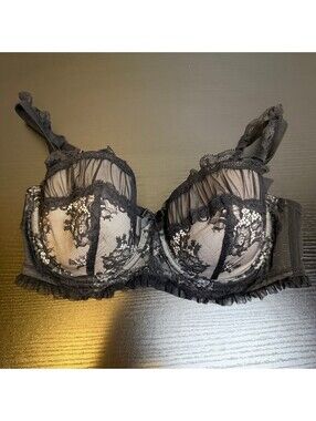 H&M 36C Black Floral Lace Mesh Longline Underwire Bra